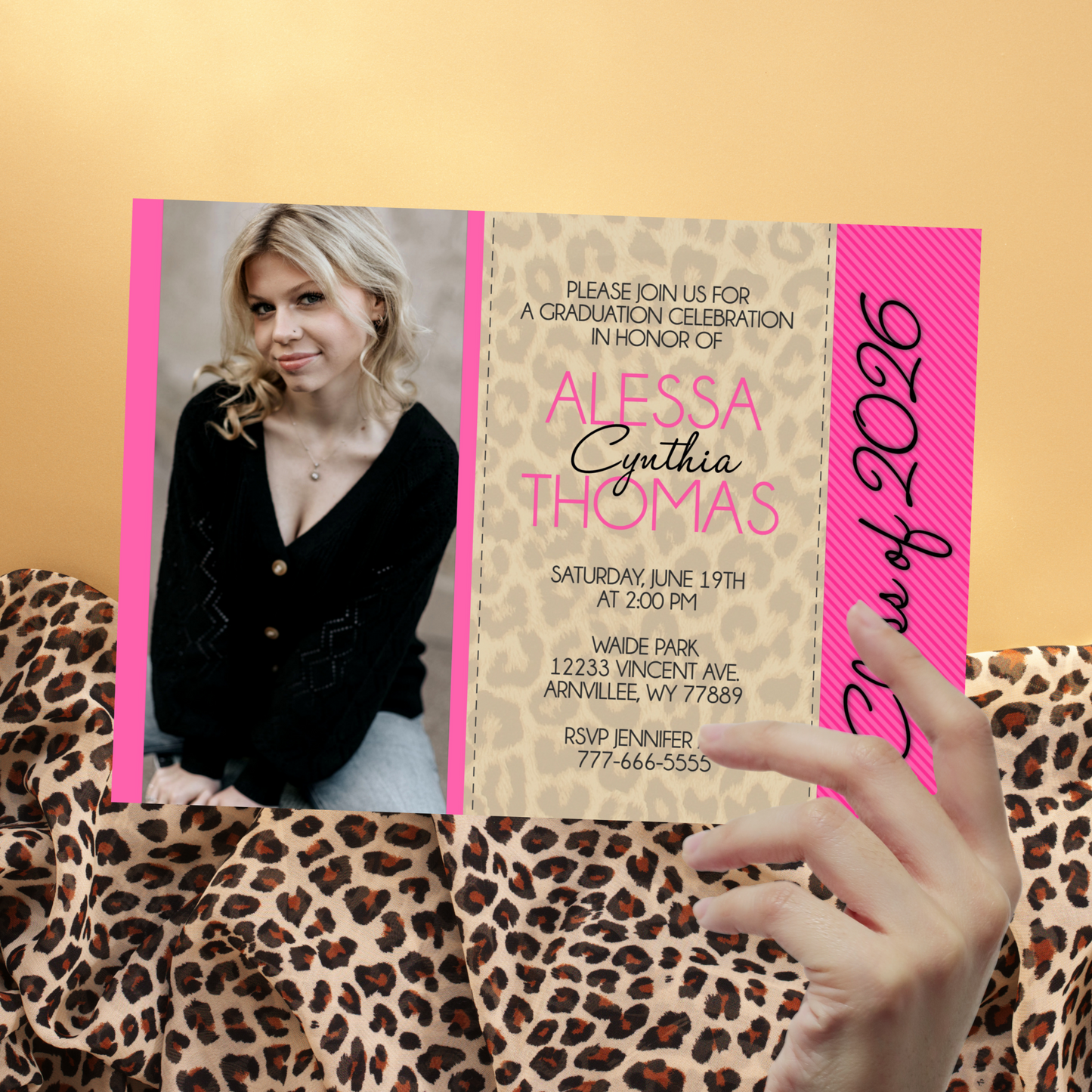 Leopard & Pink Graduation Photo Invitations | EDITABLE DIGITAL DOWNLOAD