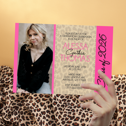 Leopard & Pink Graduation Photo Invitations | EDITABLE DIGITAL DOWNLOAD