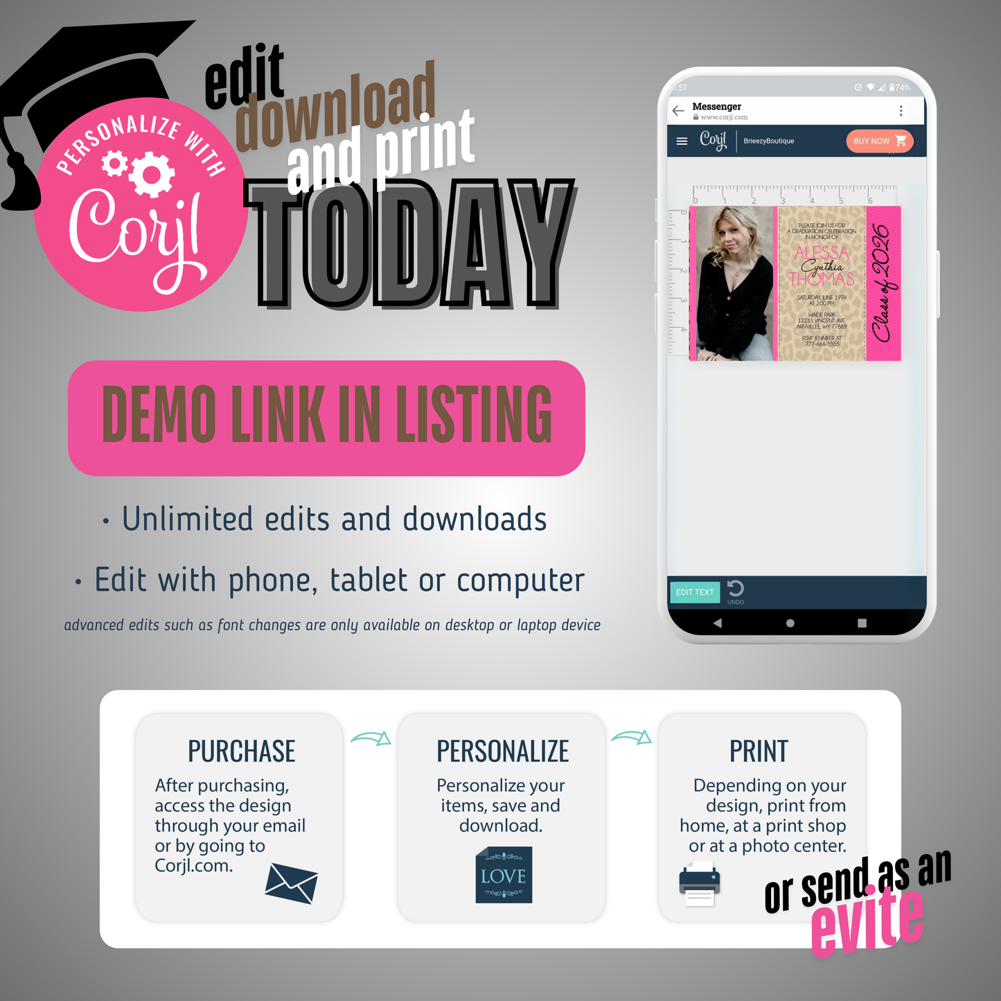 Leopard & Pink Graduation Photo Invitations | EDITABLE DIGITAL DOWNLOAD