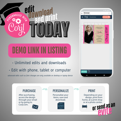 Leopard & Pink Graduation Photo Invitations | EDITABLE DIGITAL DOWNLOAD