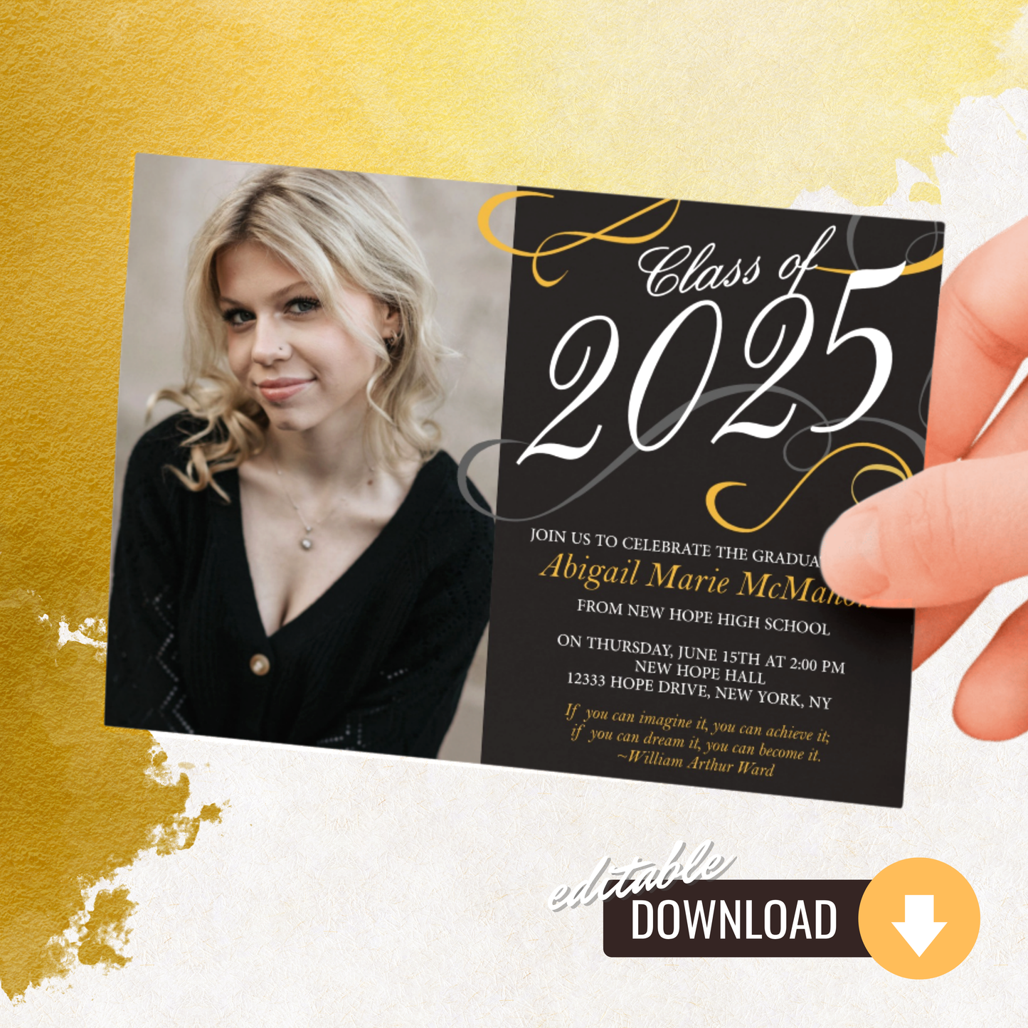 Elegant Black & Gold Swirl Graduation Photo Invitation | EDITABLE DIGITAL DOWNLOAD