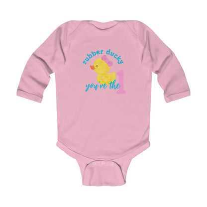 Girl Rubber Ducky You’re the 1 Long Sleeve 1st Birthday Bodysuit | 4 Colors Available