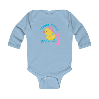 Girl Rubber Ducky You’re the 1 Long Sleeve 1st Birthday Bodysuit | 4 Colors Available