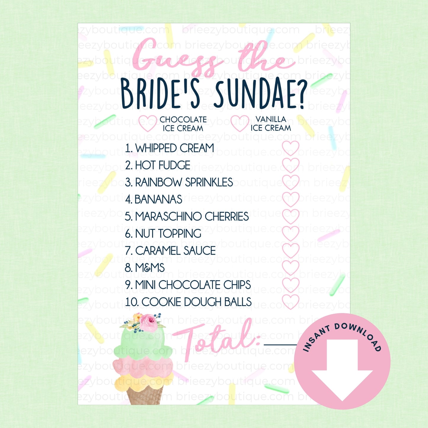 Bride's Sundae game card with ice cream-themed text and graphics on a light green background.