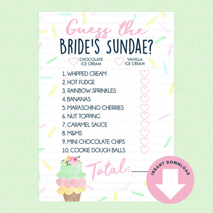 Bride's Sundae game card with ice cream-themed text and graphics on a light green background.