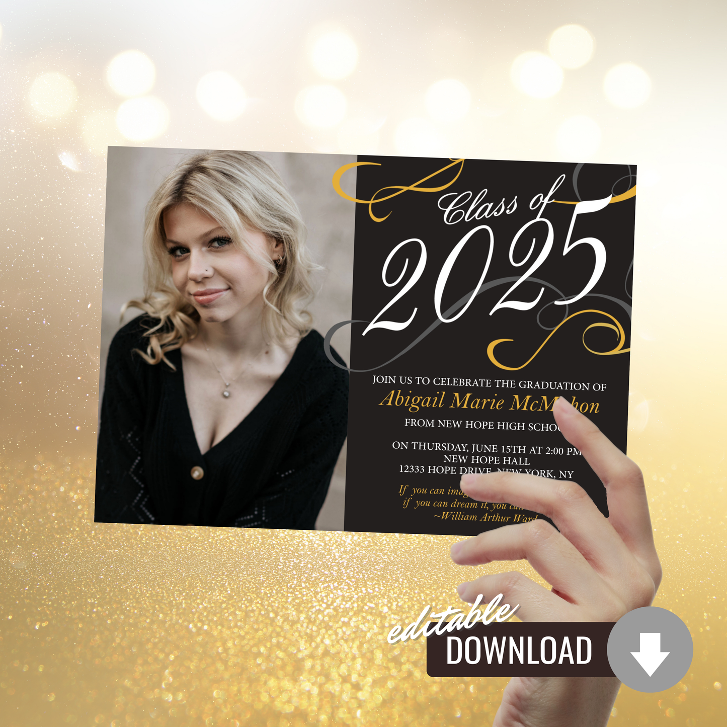 Elegant Black & Gold Swirl Graduation Photo Invitation | EDITABLE DIGITAL DOWNLOAD