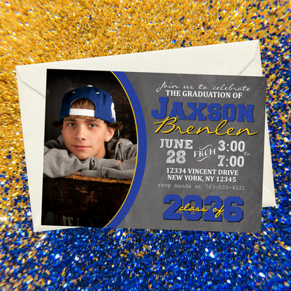 Blue & Gold Graduation Chalkboard Photo Invitations | EDITABLE DIGITAL DOWNLOAD