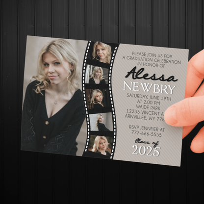 Filmstrip Multi Photo Collage Graduation Invitations | Neutral Pinstripe | EDITABLE DIGITAL DOWNLOAD