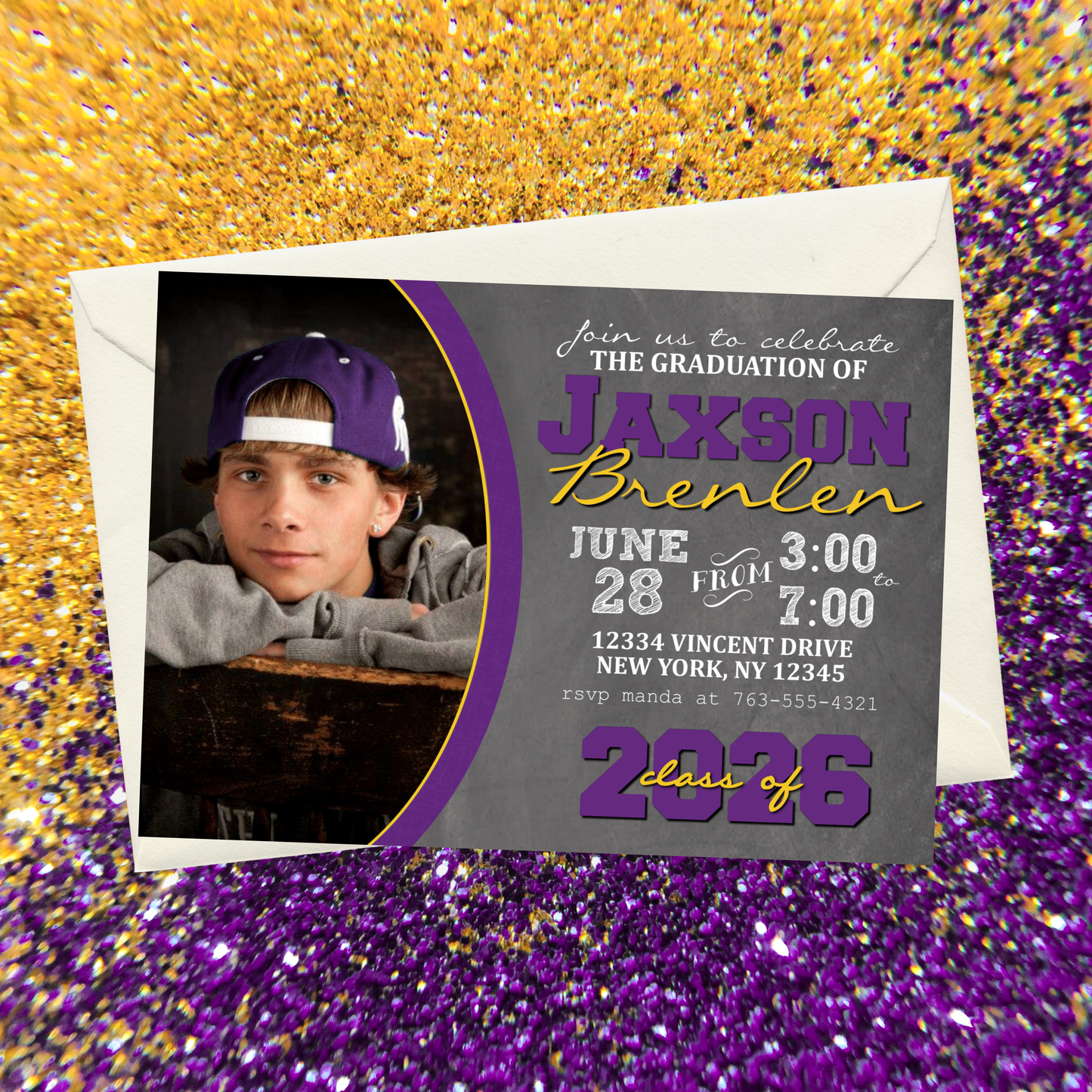 Purple & Gold Graduation Chalkboard Photo Invitations | EDITABLE DIGITAL DOWNLOAD
