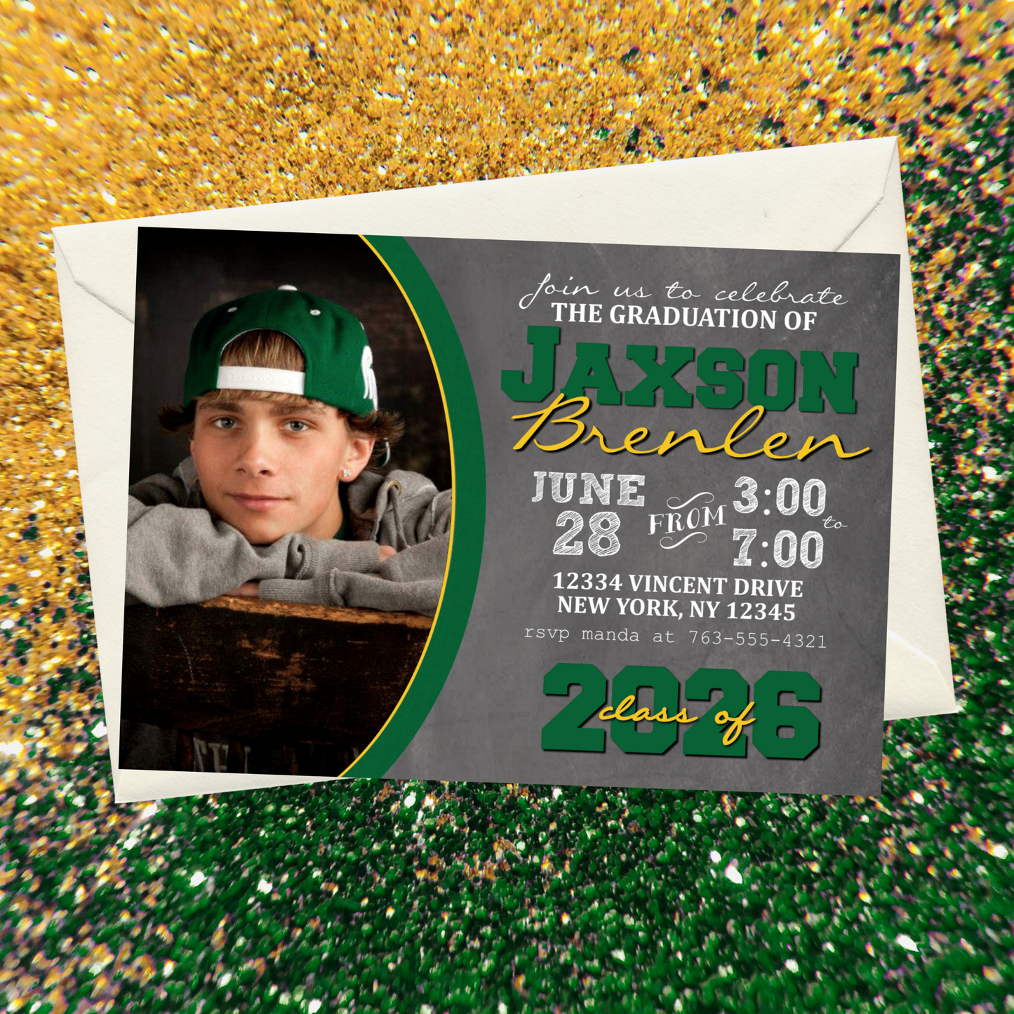 Green & Gold Graduation Chalkboard Photo Invitations | EDITABLE DIGITAL DOWNLOAD