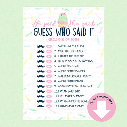 Game sheet titled 'Guess Who Said It' with mustache and lip print design on a light green background.