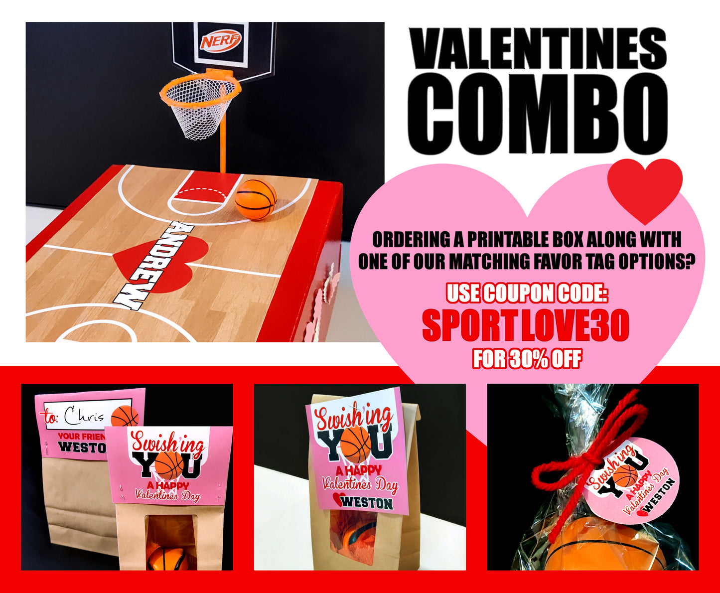 Printable Valentines Basketball Court For Box || EDITABLE DIGITAL DOWNLOAD