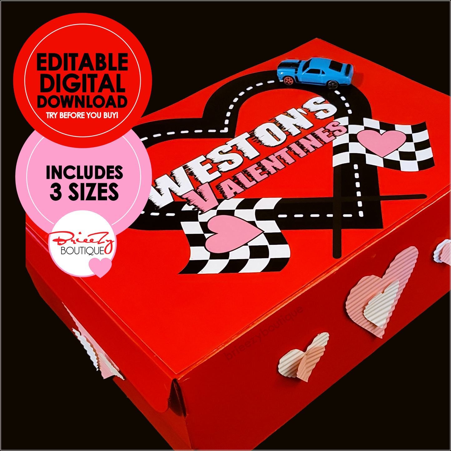 Race Car Heart Printable For Valentines Box || EDITABLE DIGITAL DOWNLOAD
