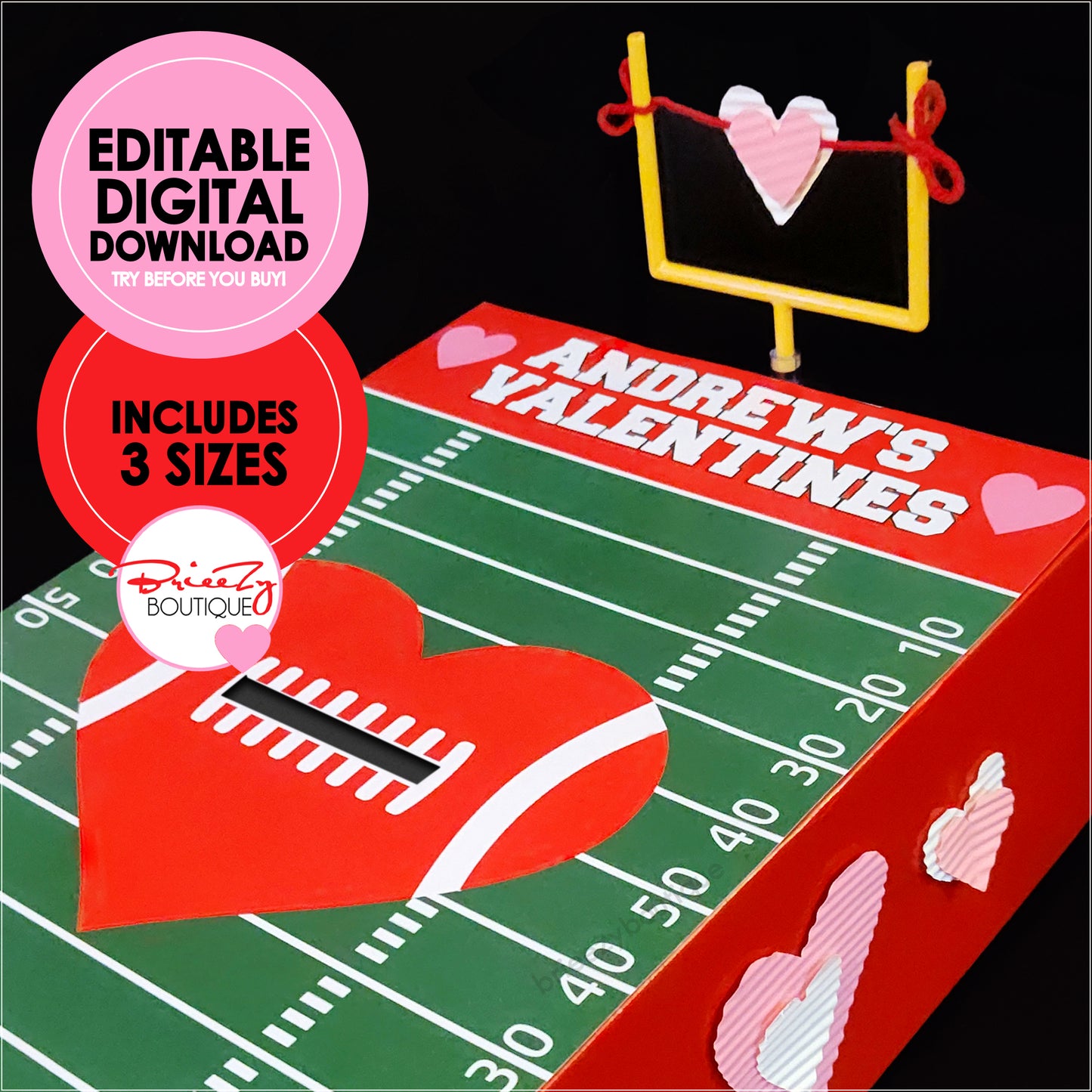 Printable Valentines Football Field For Box || EDITABLE DIGITAL DOWNLOAD