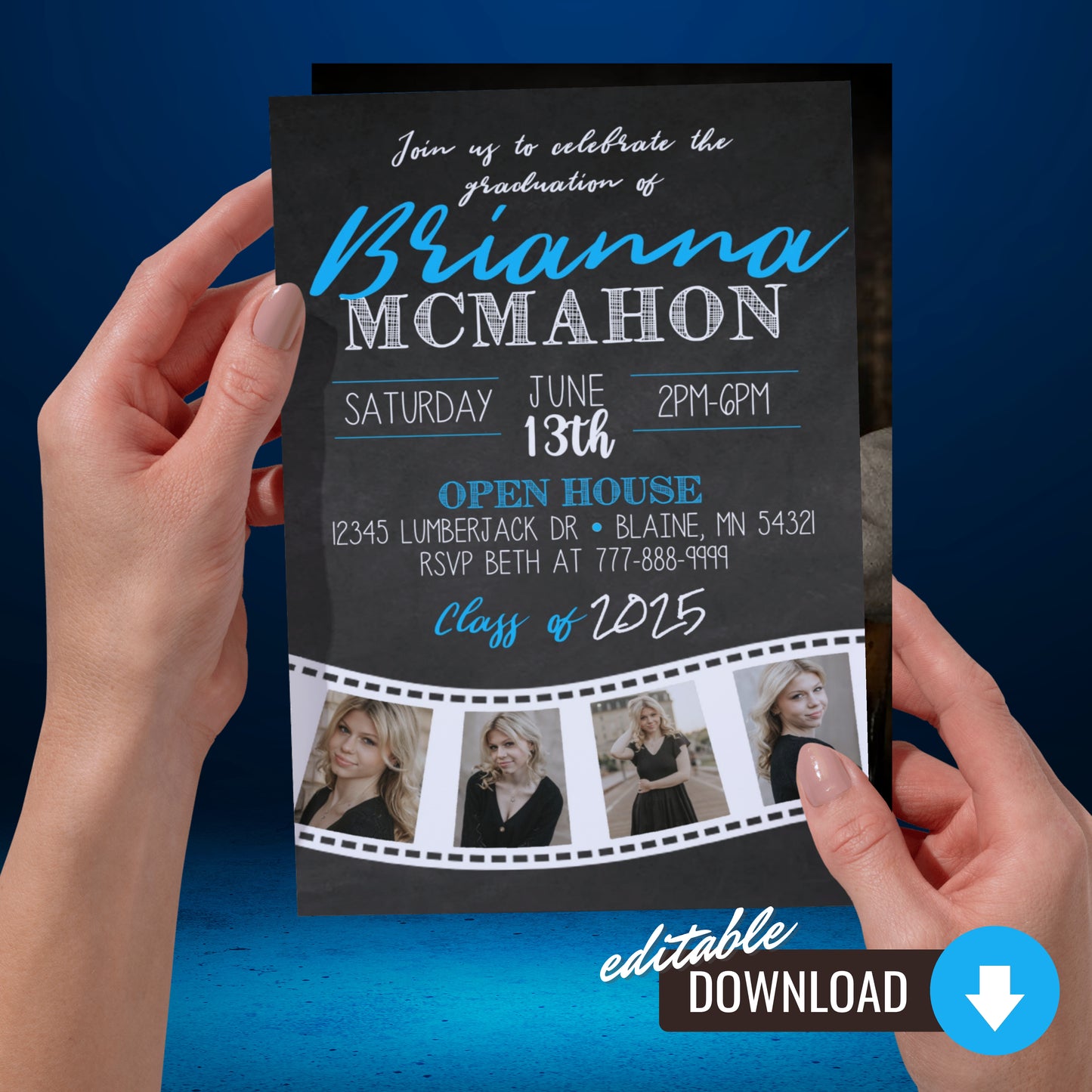 Blue Chalkboard Filmstrip Graduation Photo Invitation | ANY COLOR | EDITABLE DIGITAL DOWNLOAD