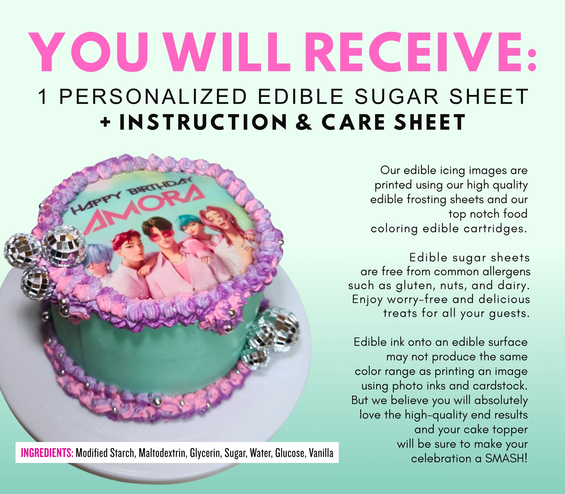 Promotional graphic for a personalized edible sugar sheet set, featuring a decorated cake with pink frosting and the text 'HAPPY BIRTHDAY AURA' on the left, alongside descriptive text on the right about the included instruction and care sheet, all on a mint green background.