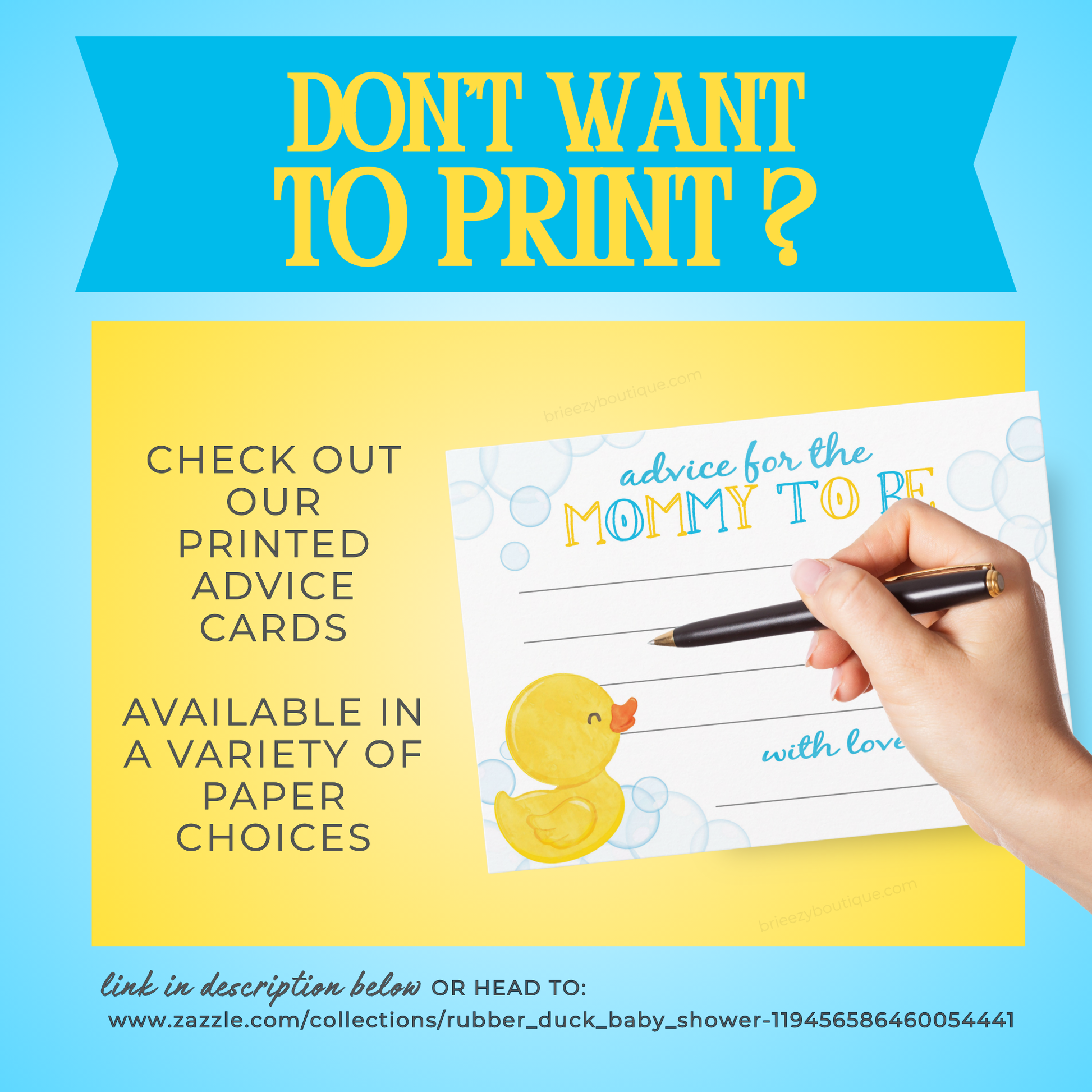 Promotional graphic for Zazzle baby shower cards with a blue header reading 'DON'T WANT TO PRINT?' and a yellow panel showing a printed card design with a rubber duck illustration and a hand holding a pen.
