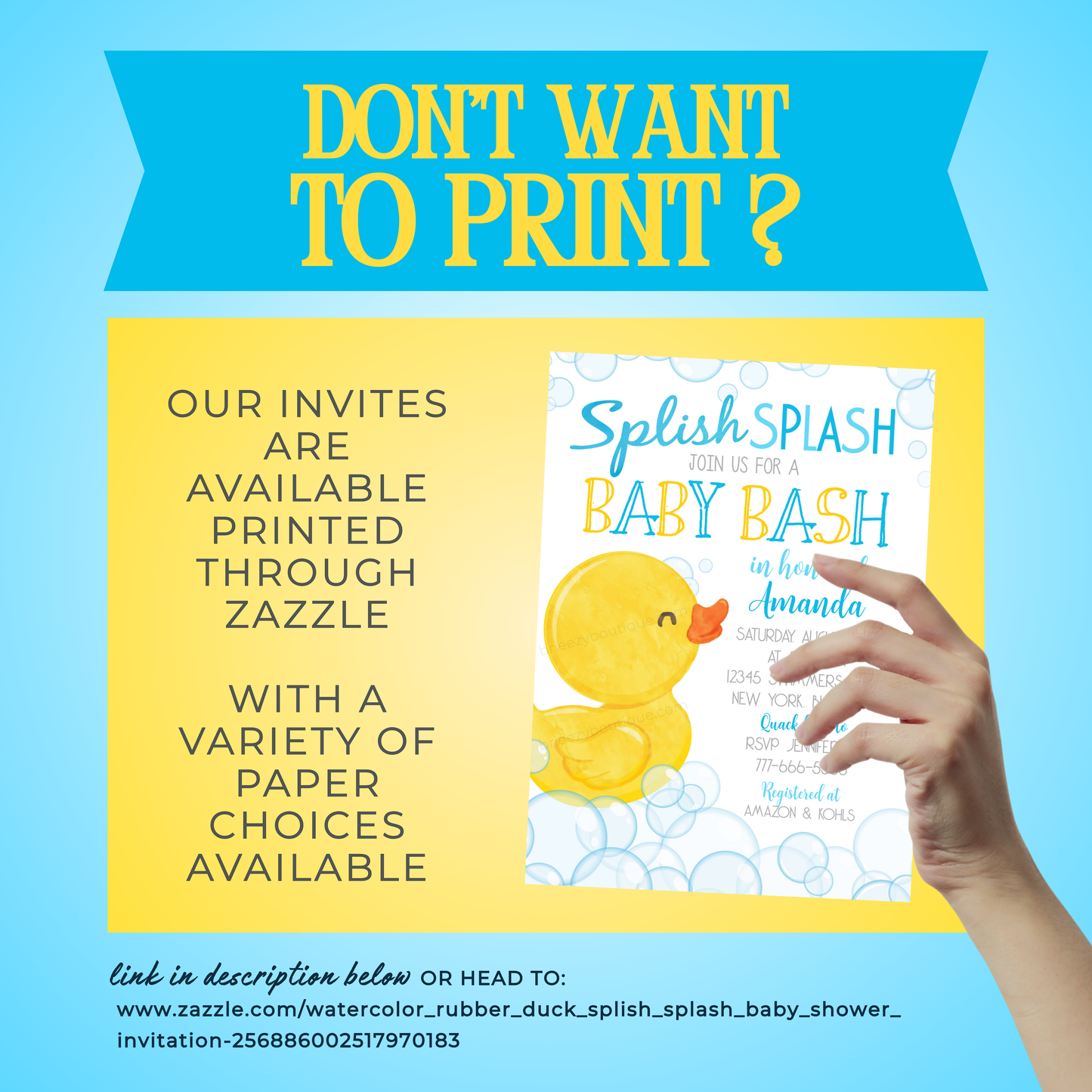 Watercolor Rubber Duck Baby Shower Invitation (Editable Digital Download)