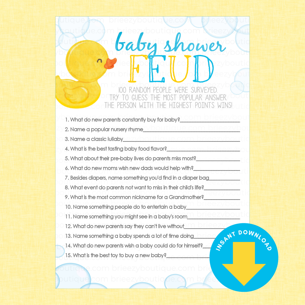 Rubber Duck Shower Games - 36 Games to Choose From (Printable Digital Download)