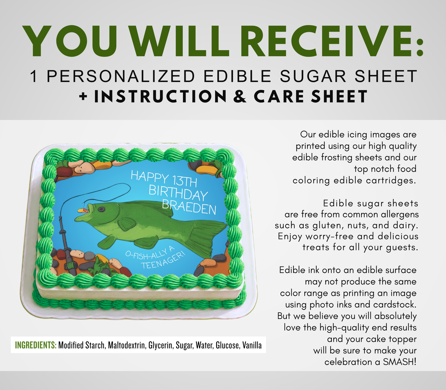Promotional graphic for a personalized edible sugar sheet. The left side shows a rectangular cake decorated with green piped frosting and a blue center panel printed with a green alligator and the birthday message 'HAPPY 15TH BIRTHDAY BRAEDEN'.