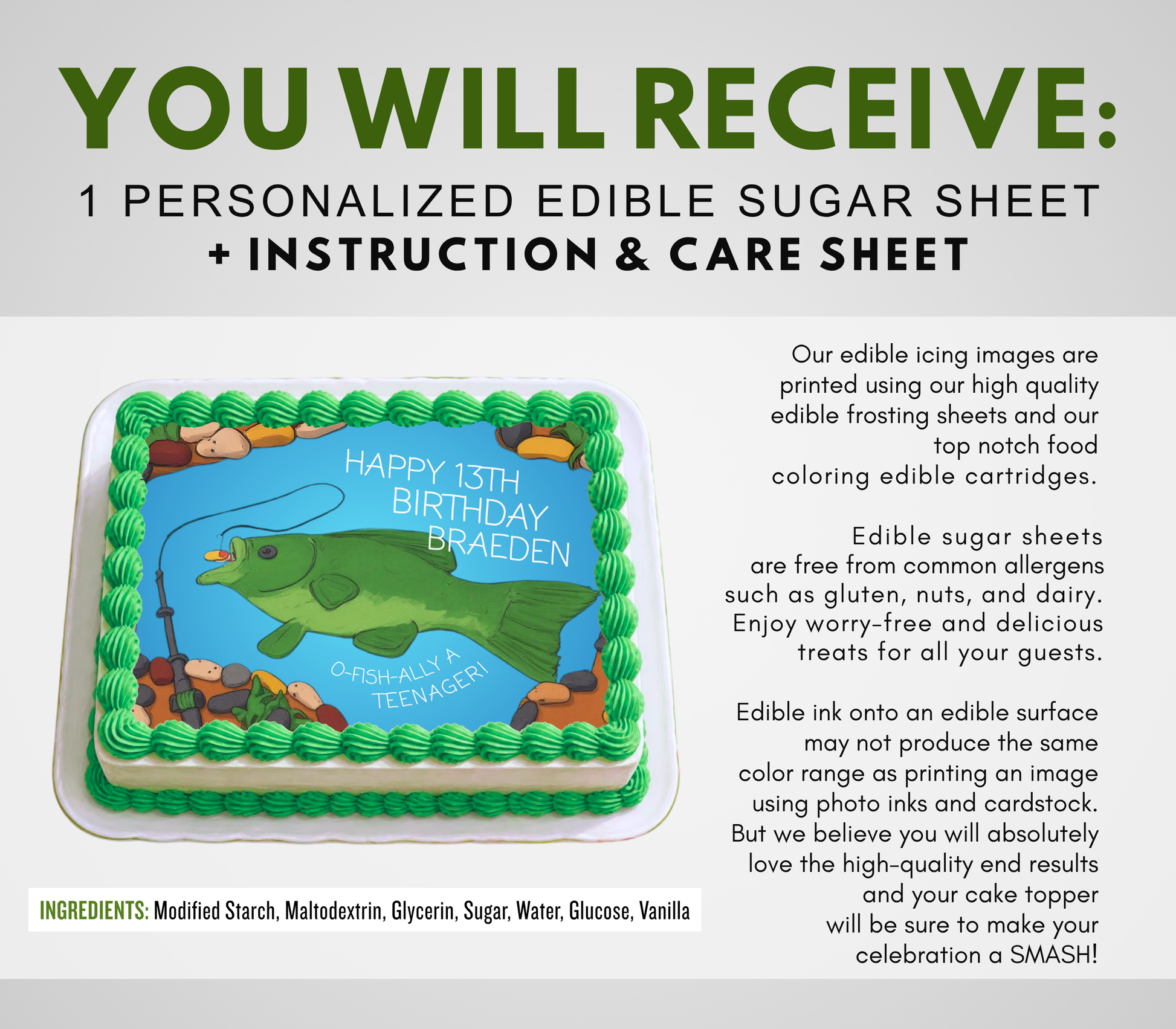 Promotional graphic for a personalized edible sugar sheet. The left side shows a rectangular cake decorated with green piped frosting and a blue center panel printed with a green alligator and the birthday message 'HAPPY 15TH BIRTHDAY BRAEDEN'.