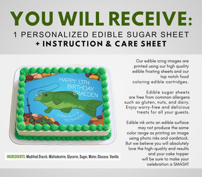 Promotional graphic for a personalized edible sugar sheet. The left side shows a rectangular cake decorated with green piped frosting and a blue center panel printed with a green alligator and the birthday message 'HAPPY 15TH BIRTHDAY BRAEDEN'.