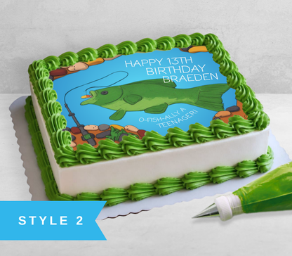 A rectangular birthday cake with white frosting and green piped borders, decorated with a fishing-themed illustration and the text 'HAPPY 13TH BIRTHDAY BRAEDEN' and 'O.FISHALLY A TEENAGER!'.