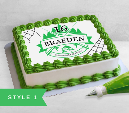 A square white cake decorated with bright green piped frosting borders and a large white custom topper featuring green graphics and the name 'BRAEDEN' with '16' above it. A green piping bag is placed beside the cake on a light surface, and a green banner in the lower left reads 'STYLE 1'.