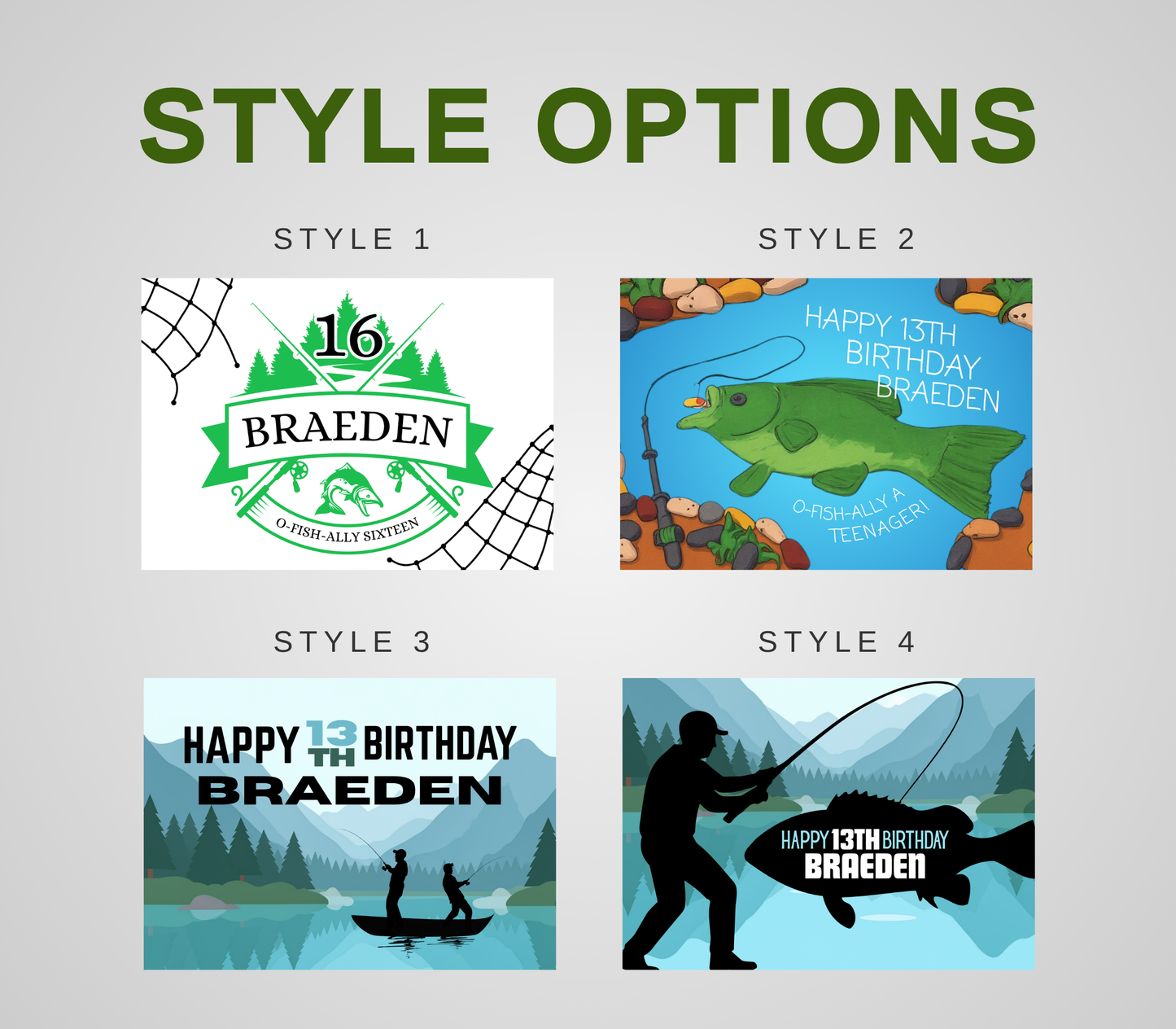 A graphic showing four fishing-themed birthday card design options labeled Style 1, Style 2, Style 3, and Style 4 under the heading 'STYLE OPTIONS' on a light gray background.
