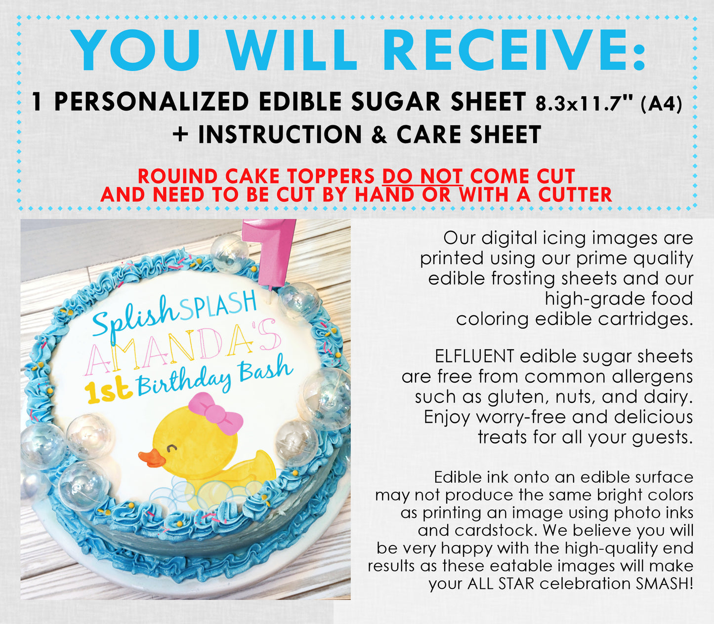 Girl Rubber Ducky 1st Birthday Edible Cake Topper Sugar Sheet | 4 Styles Available