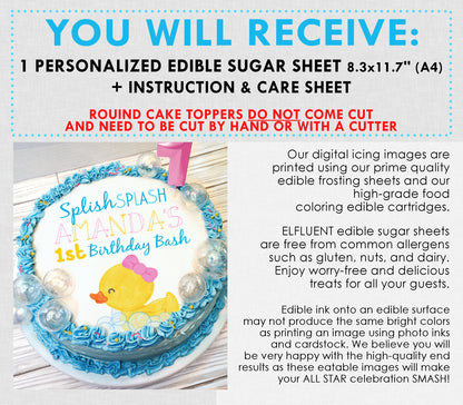 Girl Rubber Ducky 1st Birthday Edible Cake Topper Sugar Sheet | 4 Styles Available