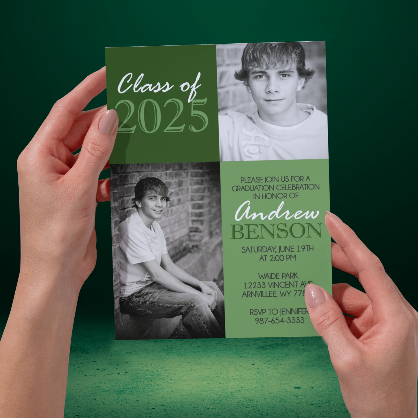 Green Classic 2 Photo Graduation Invitation | ANY COLOR | EDITABLE DIGITAL DOWNLOAD