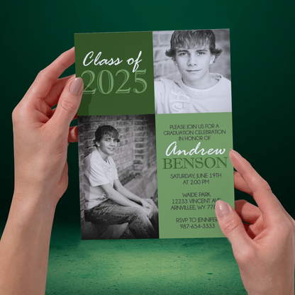Green Classic 2 Photo Graduation Invitation | ANY COLOR | EDITABLE DIGITAL DOWNLOAD
