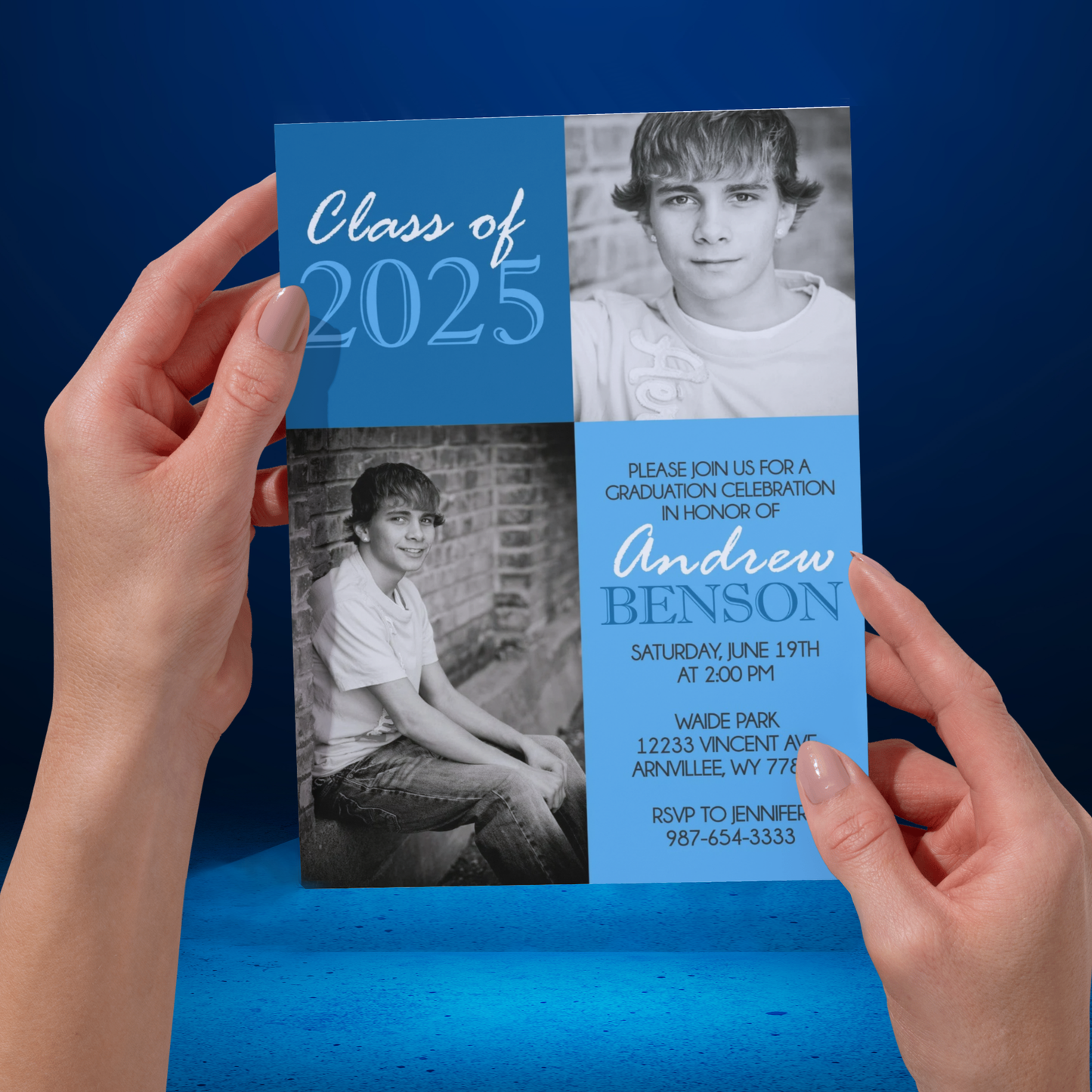 Blue Classic 2 Photo Graduation Invitation | ANY COLOR | EDITABLE DIGITAL DOWNLOAD