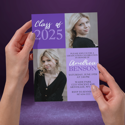 Purple Classic 2 Photo Graduation Invitation | ANY COLOR | EDITABLE DIGITAL DOWNLOAD