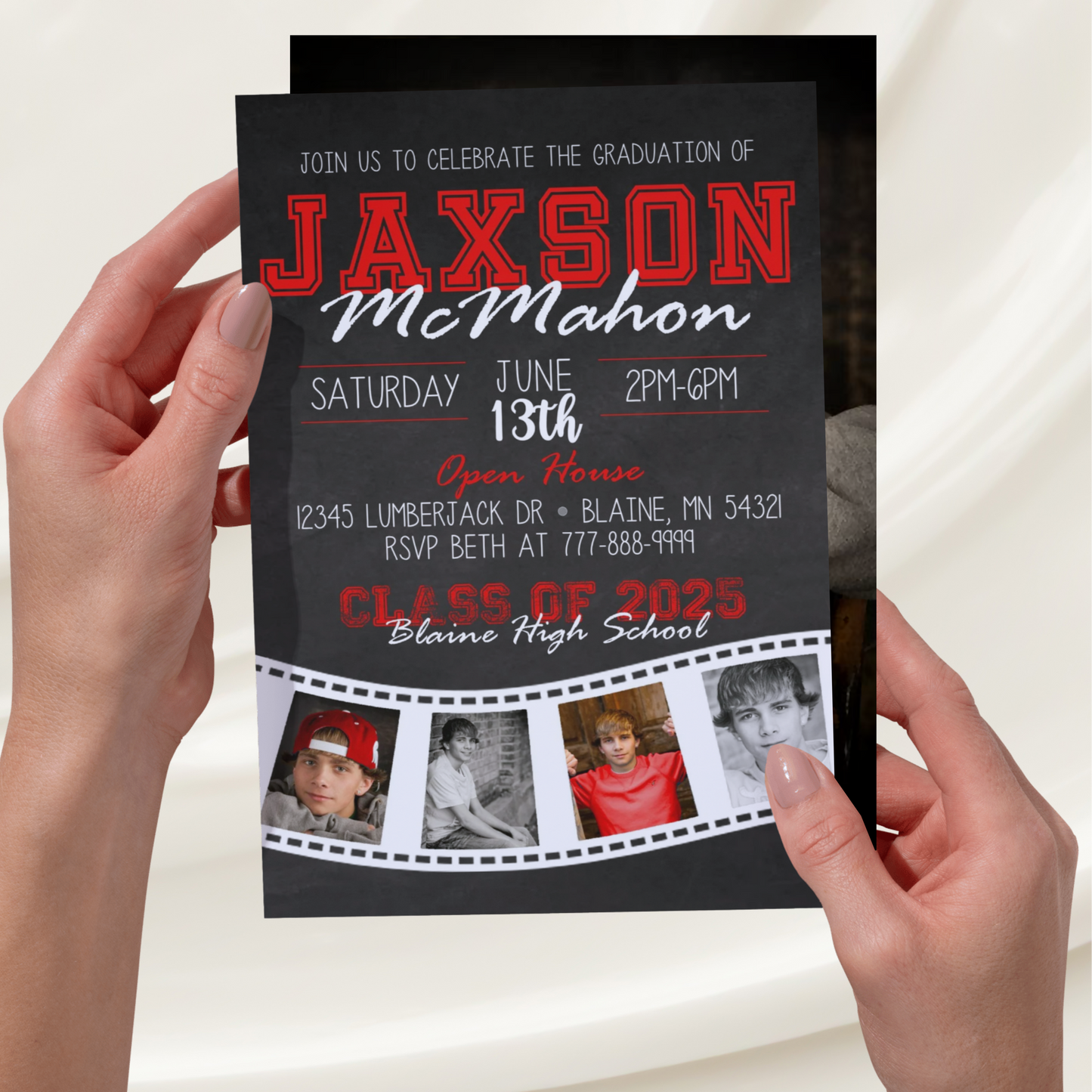 Red Chalkboard Filmstrip Graduation Photo Invitation | ANY COLOR | EDITABLE DIGITAL DOWNLOAD
