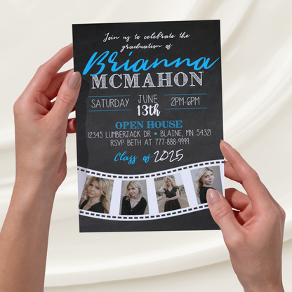 Blue Chalkboard Filmstrip Graduation Photo Invitation | ANY COLOR | EDITABLE DIGITAL DOWNLOAD
