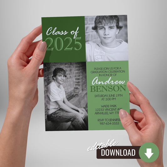 Green Classic 2 Photo Graduation Invitation | ANY COLOR | EDITABLE DIGITAL DOWNLOAD