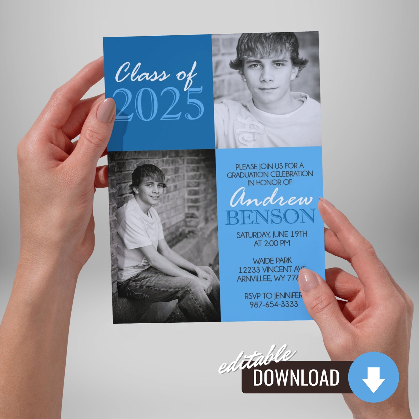 Blue Classic 2 Photo Graduation Invitation | ANY COLOR | EDITABLE DIGITAL DOWNLOAD