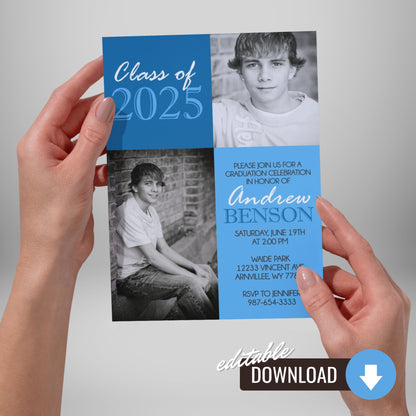 Blue Classic 2 Photo Graduation Invitation | ANY COLOR | EDITABLE DIGITAL DOWNLOAD