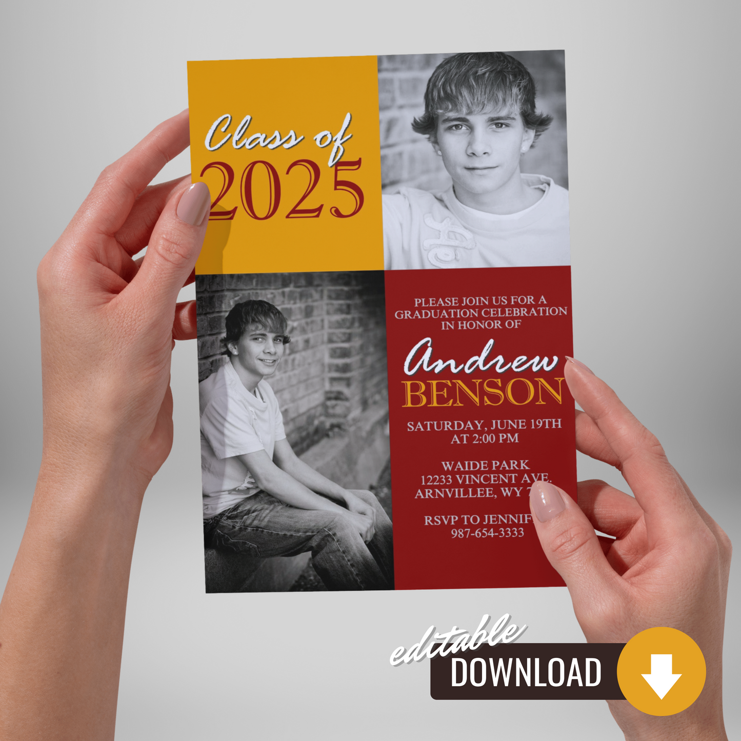 Maroon and Gold Classic 2 Photo Graduation Invitation | EDITABLE DIGITAL DOWNLOAD