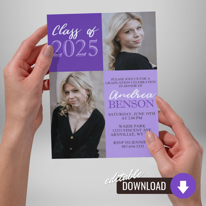 Purple Classic 2 Photo Graduation Invitation | ANY COLOR | EDITABLE DIGITAL DOWNLOAD