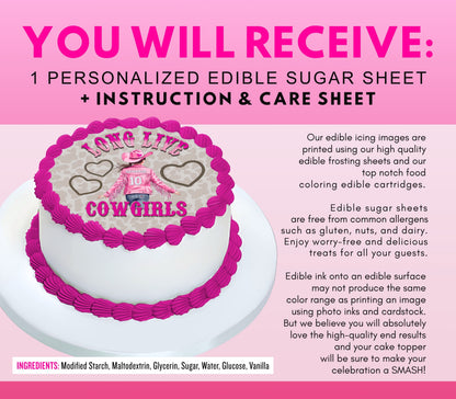 Promotional graphic for a personalized edible sugar sheet product. The top has bold pink text reading 'YOU WILL RECEIVE: 1 PERSONALIZED EDIBLE SUGAR SHEET + INSTRUCTION & CARE SHEET.