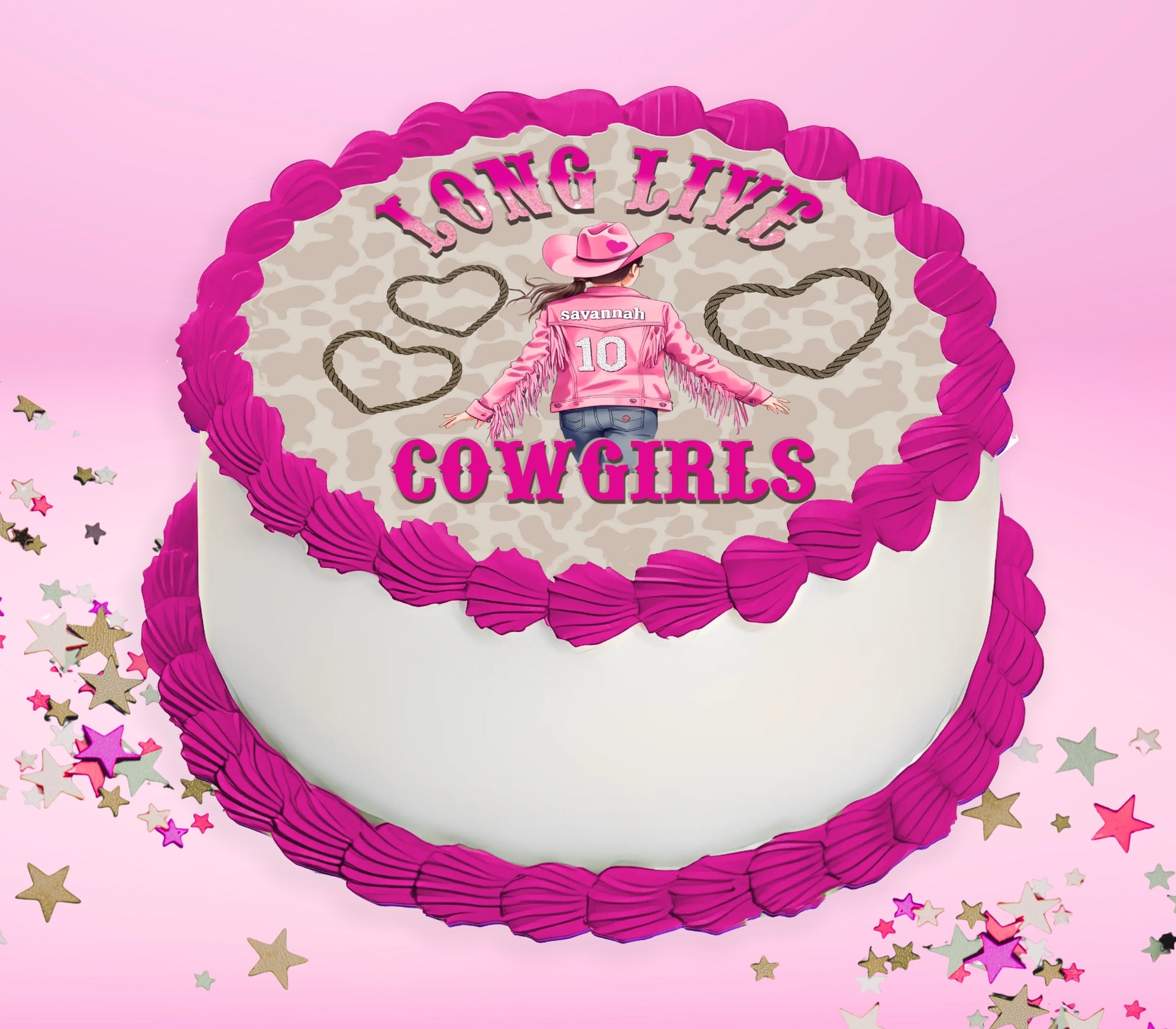 A round white cake decorated with bright pink piped frosting borders and a western-themed topper. The topper features the words 'LONG LINE COWGIRLS' in pink, two heart outlines, and a cowboy figure wearing a pink jacket with the number 10, all on a pink background with scattered star confetti.