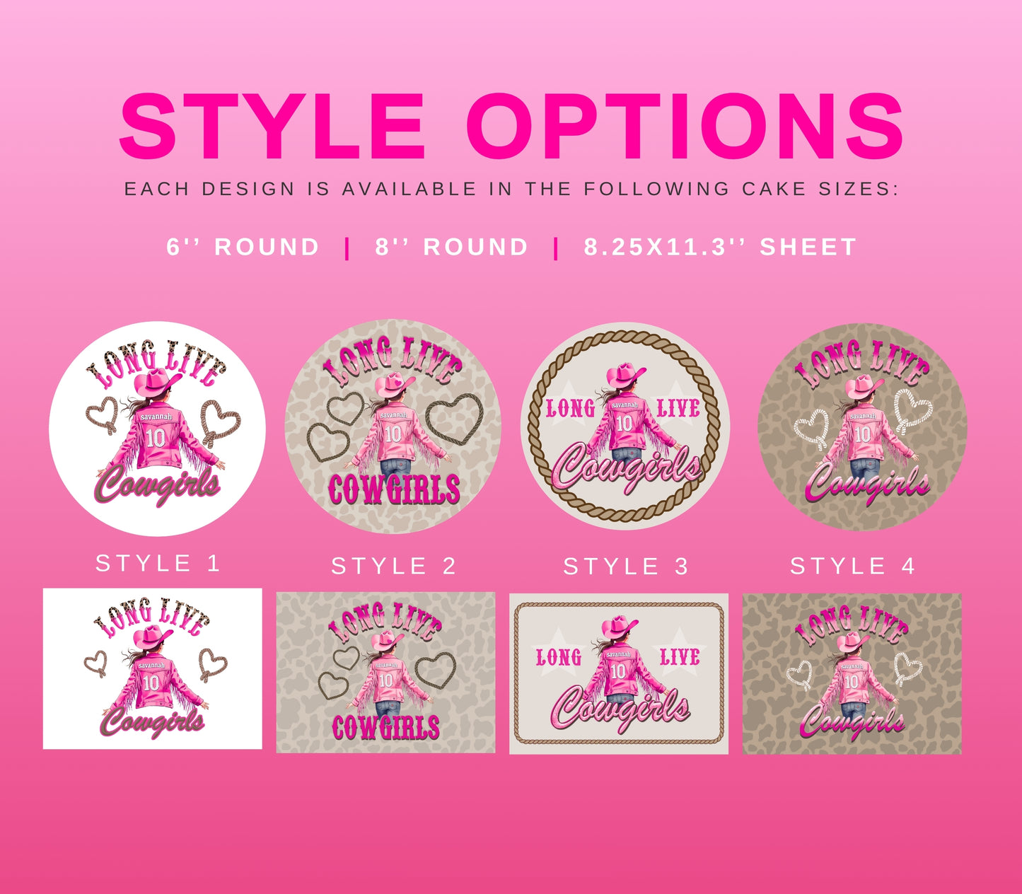 A pink graphic showing style options for a cake design, with the text 'STYLE OPTIONS' at the top and four circular and rectangular preview designs labeled Style 1 through Style 4. The designs feature a cowboy in a pink cowboy hat and shirt with hearts and the words 'Long Live Cowboys' on beige or white backgrounds.
