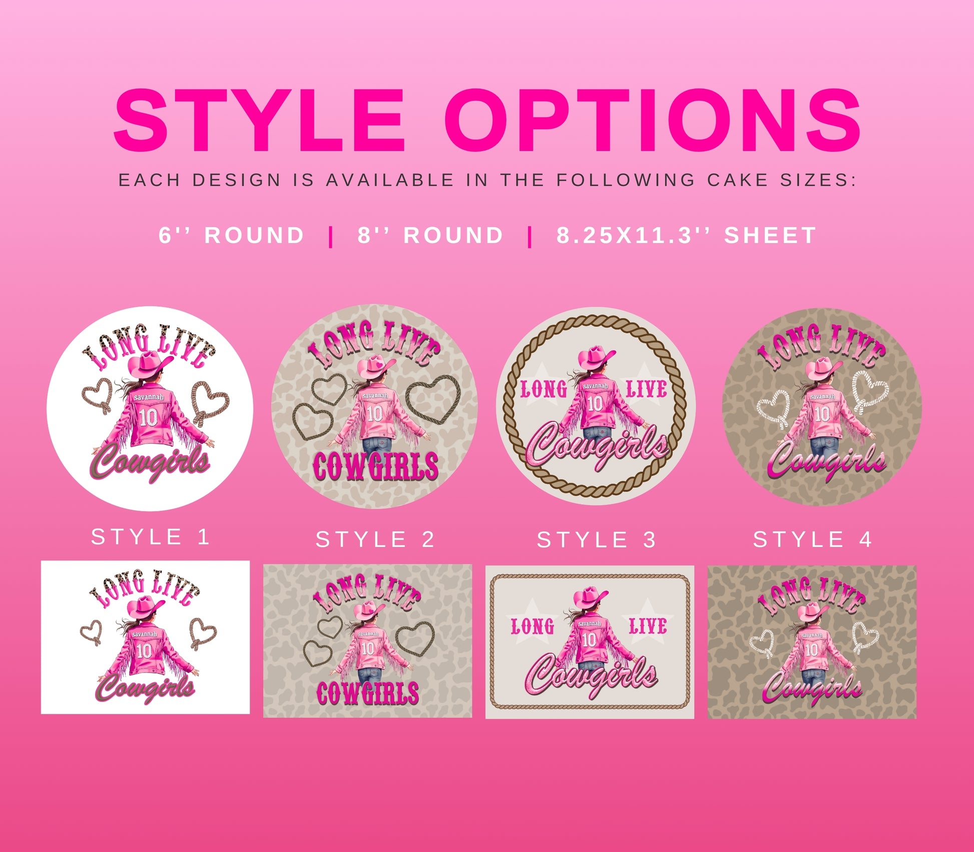 A pink graphic showing style options for a cake design, with the text 'STYLE OPTIONS' at the top and four circular and rectangular preview designs labeled Style 1 through Style 4. The designs feature a cowboy in a pink cowboy hat and shirt with hearts and the words 'Long Live Cowboys' on beige or white backgrounds.