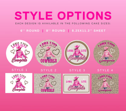 A pink graphic showing style options for a cake design, with the text 'STYLE OPTIONS' at the top and four circular and rectangular preview designs labeled Style 1 through Style 4. The designs feature a cowboy in a pink cowboy hat and shirt with hearts and the words 'Long Live Cowboys' on beige or white backgrounds.