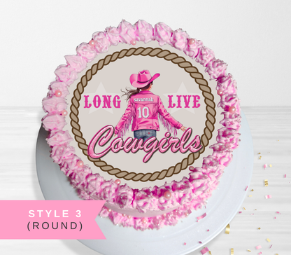 Round cake topper or decoration design shown on a white plate, featuring pink whipped frosting piped around the edge and a central graphic with the words “LONG LIVE Cowgirls,” a cowboy hat, and a pink jacket with the number 10.