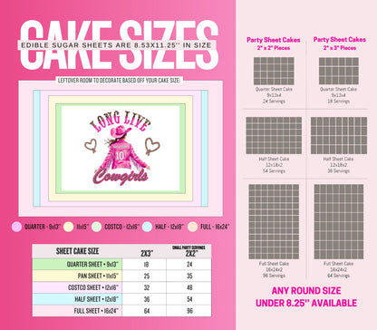 A pink and white cake size guide chart showing edible sugar sheet dimensions, including size labels for quarter, half, and full sheets, with example cake pieces and a conversion table.