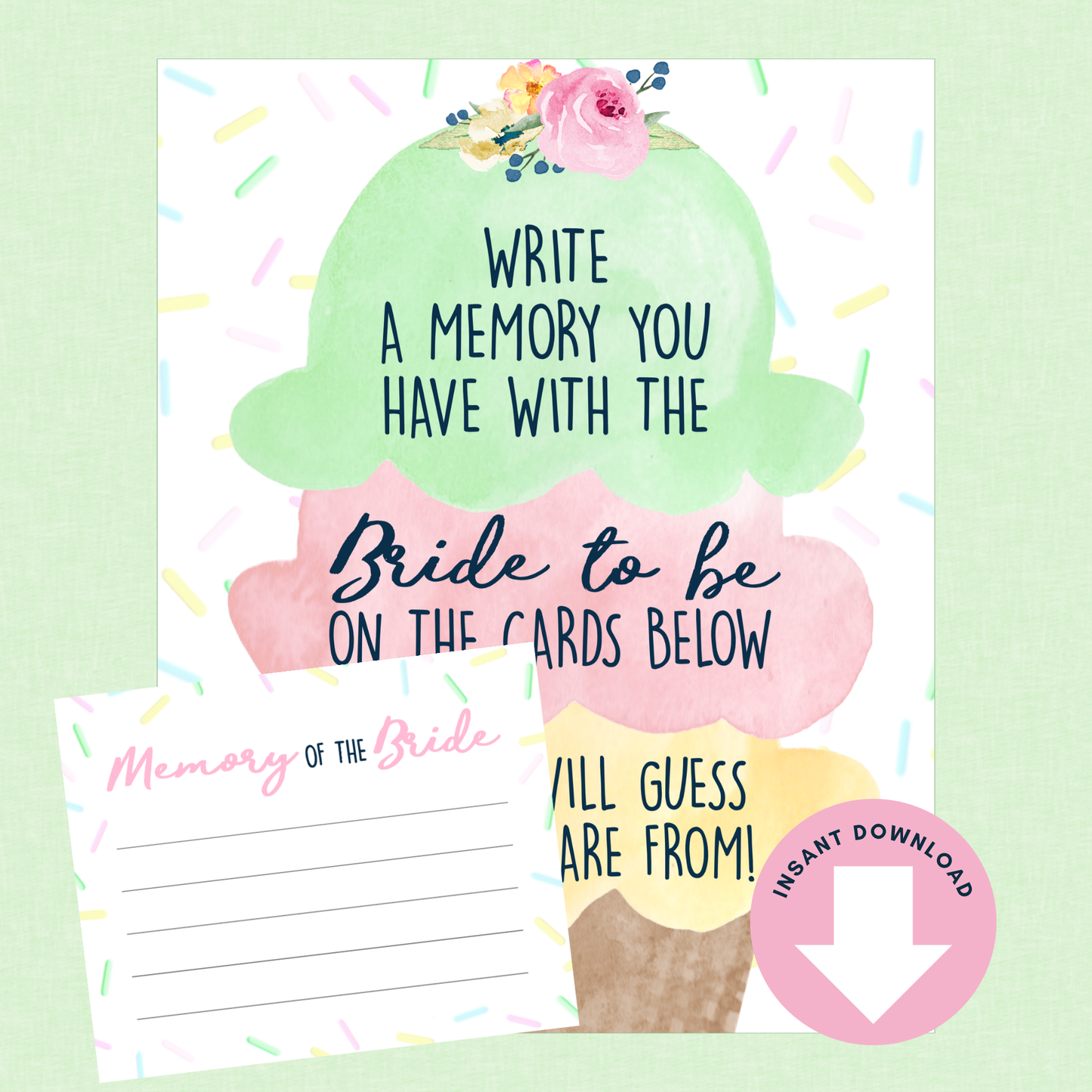 Ice Cream Memory for The Bride Sign & Cards (Digital Download)